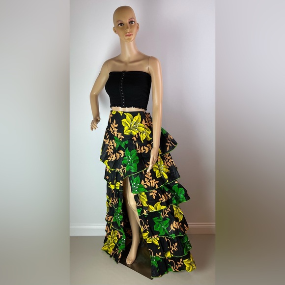 Handmade Green Multicolor Layered Ruffle Floral Print High Slit Maxi Skirt - Picture 9 of 10